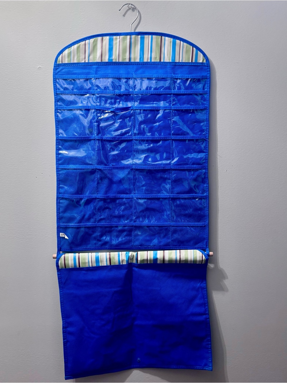 Jewelry Organizer Blue Hanging with Storage Pocket with Striped Accent